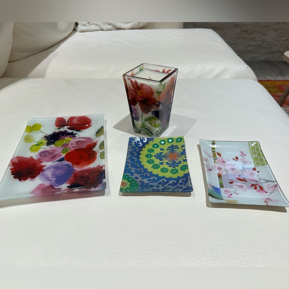 Set of three decorative trays and a candle (Fringe Studio, Bloomingdale’s)